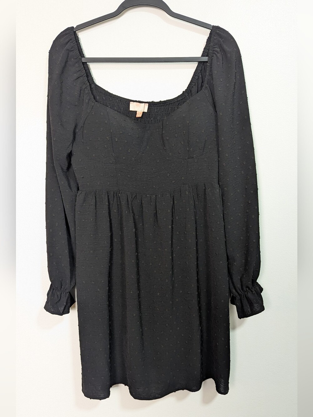 Charmed Hearts Size L Black Swiss Dot Babydoll Dress Long Sleeve Smocked Back